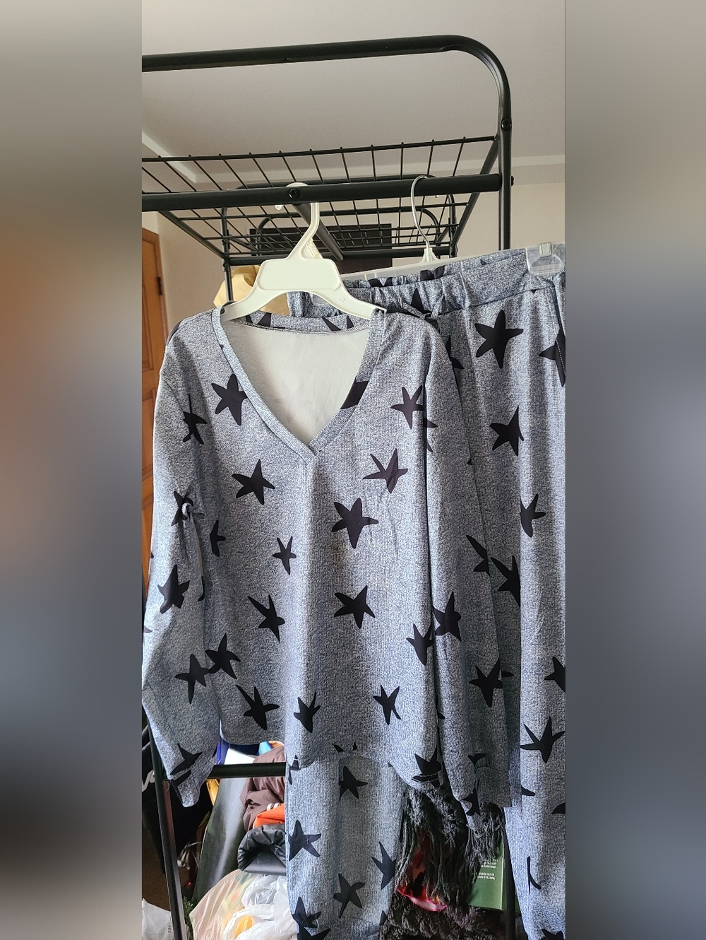 Star Print Two-Piece Lounge Set in Heather Blue-Gray and Black W/pockets